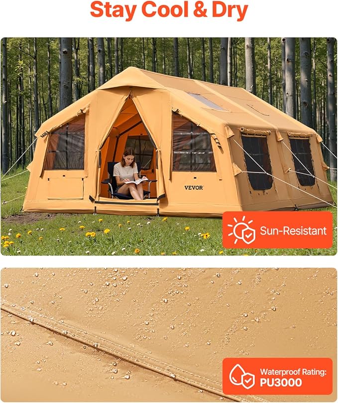 VEVOR Inflatable Tents for Camping, Easy Setup Blow up Tent with Hand Pump, 4 Season Glamping Tent with Stove Jack, Doors & Mesh Windows, Storage Bag Included for Easy Taking