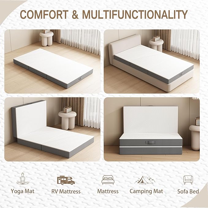 Swbvs Tri-Fold Memory Foam Mattress, 4 inch Twin Folding with Washable Covers, Reversible Design, Foldable Topper for Travel&Guests, 75"×38"×4"