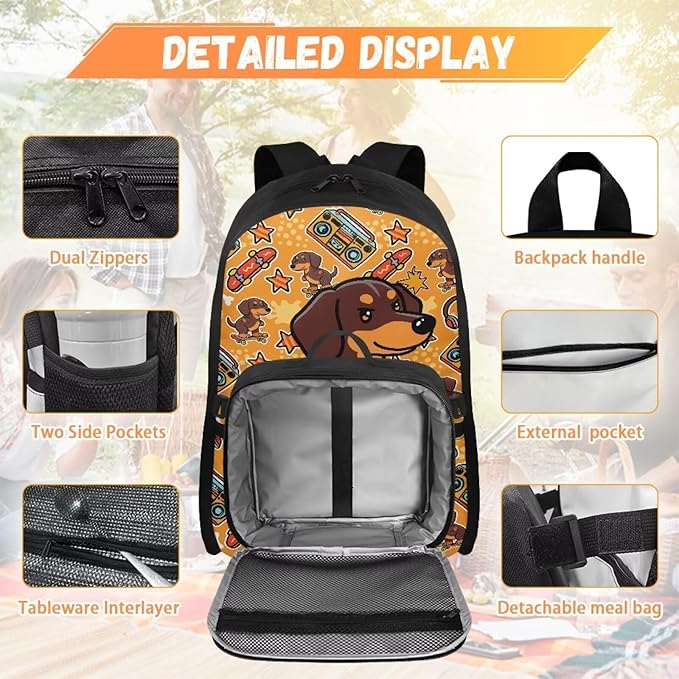 HUGS IDEA Skater Dachshund Bookbag for Girls Elementary School Cute Kids Bookbag with Lunch Box 17 Inch School Bag for Girls 4-6 Lightweight Book Bags Satchel Back Pack for Kids