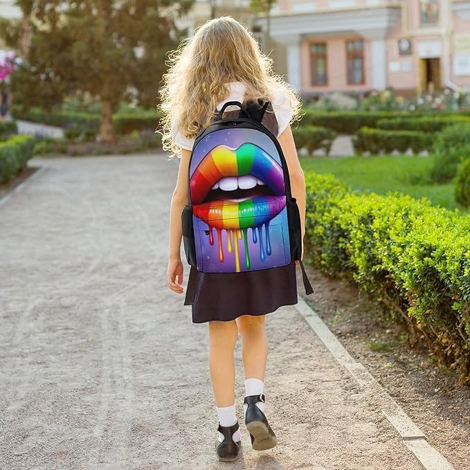 Polyester Daypack Backpack for Climbing Outdoors Running, Big Capacity Multipurpose Anti-Theft Bookbag, Lgbt Gay Homosexual Lesbian Rainbow Lips Travel Hiking Camping Rucksack