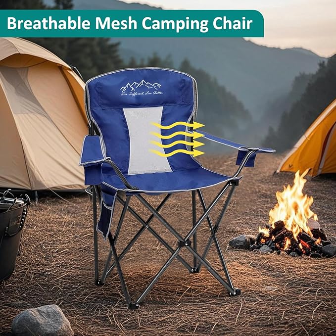 Outdoor Folding Camping Chair with Cup Holder, Storage Bag, Large Anti-Sink Feet, 325lbs Capacity, Breathable Mesh Portable Chair for Camping, Beach, Fishing, Sports, Blue 2Pack