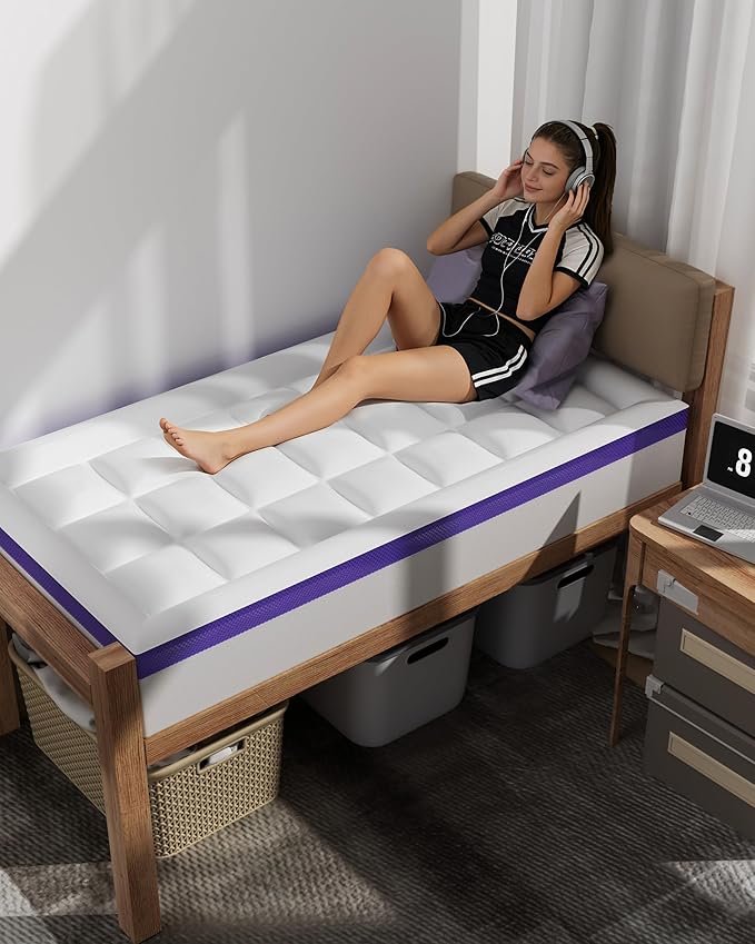 Dual Layer 4 Inch Memory Foam Mattress Topper Full XL - 2 Inch Gel Memory Foam and 2 Inch Pillow Top Mattress Pad,7-Zone Egg Crate Full XL Size Mattress Topper (White)