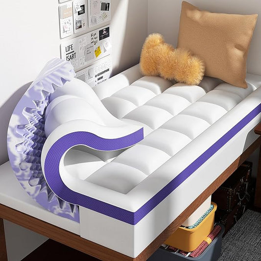 Dual Layer 4 Inch Memory Foam Mattress Topper Full XL - 2 Inch Gel Memory Foam and 2 Inch Pillow Top Mattress Pad,7-Zone Egg Crate Full XL Size Mattress Topper (White)