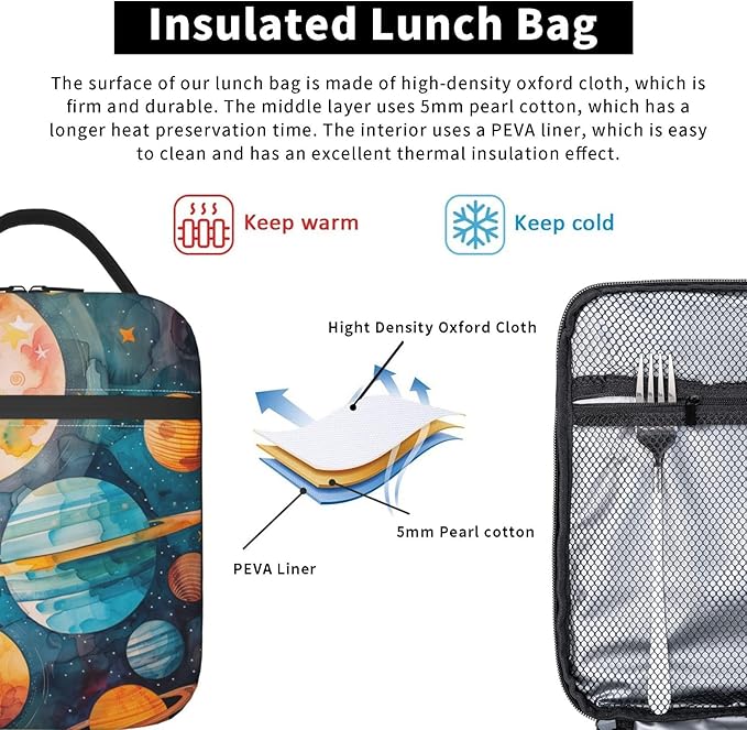 Colorful Galaxy Insulated Lunch Box for Women Men Cartoon Planet and Star Lunch Bag for Work,Picnic,Travel,Hiking,Beach or Fishing Polyester Astronomy Enthusiasts Lunch Box