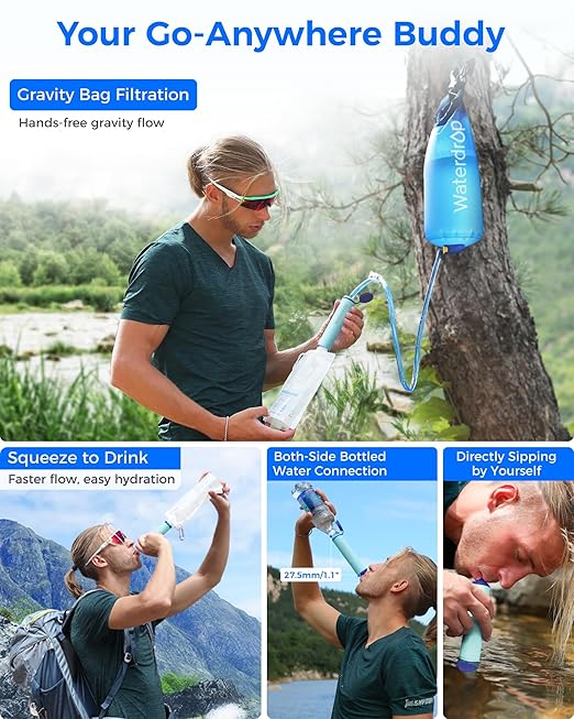 Waterdrop Gravity Water Filter Straw, Camping Water Filtration System, Water Purifier Survival for Travel, Backpacking and Emergency Preparedness, 1.5 gal Bag, 0.1 Micron, Light Blue