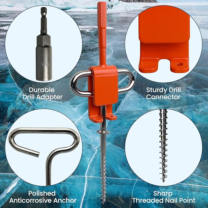 Ice Anchor Tool Kit, Ice Fishing Tent Stakes Nails with Drill Adapter, Stainless Steel Augers Accessories Set, Threaded Gear Equipment with Protective Bag for Setting Up Camping Shelter Shanty