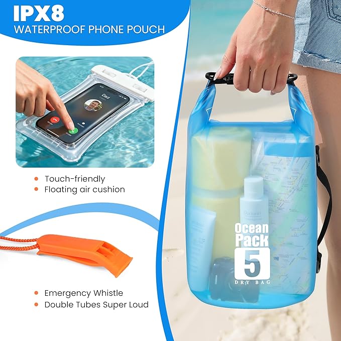 Dry Bag Waterproof for Men Women, 5L Lightweight Roll Top Dry Sack with Waterproof Phone Case and Emergency Whistle, for Kayaking Swimming Boating Paddle Board Fishing Beach Hiking Camping