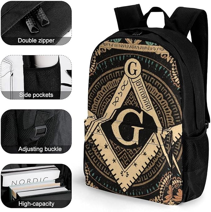 Backpack Anti-Theft Multipurpose Large Capacity Carry On Bag, Gold Freemason Freemasonry Masonic Art Camping Outdoor Backpack With Side Pockets
