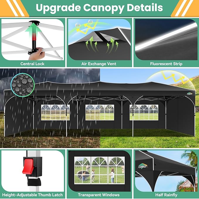 COBIZI 10x30 Party Tent: 10x30 Pop Up Canopy Tent with Wheeled Bag, Easy Up Canopy 3 Adjustable Heights，420D Waterproof UPF 50+ Fabric, Tents for Parties Wedding with 5 Removable Sidewalls, (Black)