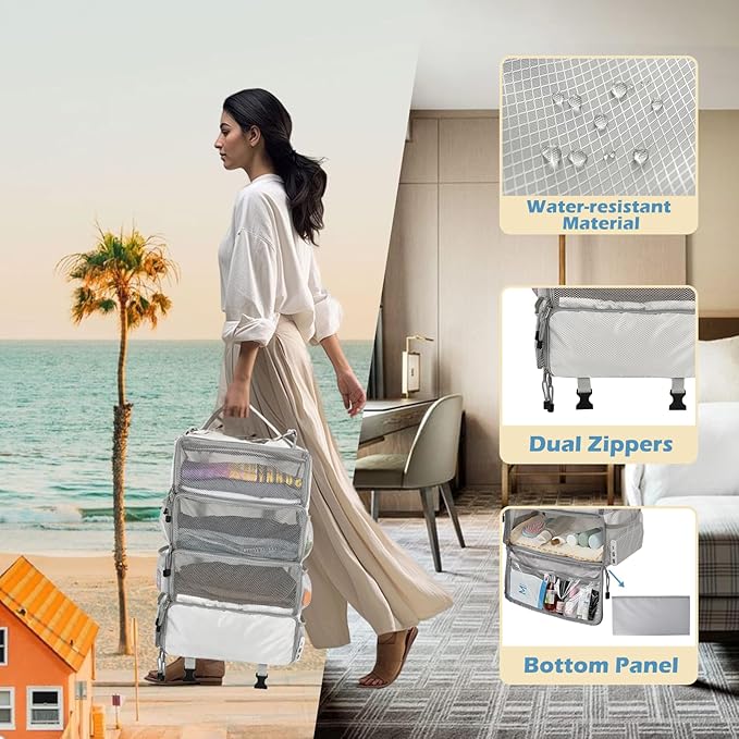 Surblue Travel Hanging Packing Cubes with 2 Hooks Hanging Shelves for Luggage Organizers Portable Compression 4 Shelf Closet Carry-on Suitcases Organizers, Medium, Lightgrey