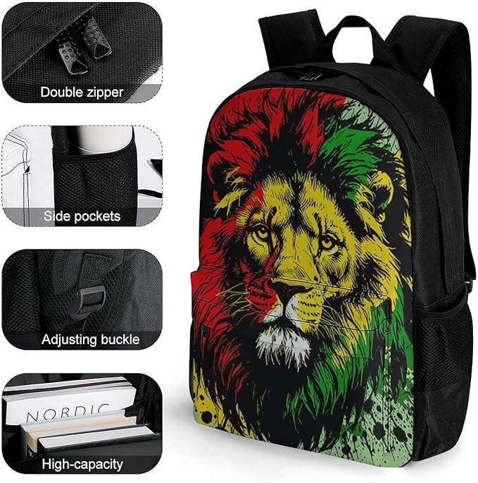 Adults Lightweight Rasta Flag Black Paint Splatter Lion Rucksacks Large Capacity Bookbag With Adjustable Shoulder Straps for Trekking Outdoors Bicycle