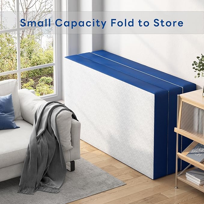 6 Inch Gel Memory Foam Mattress Queen Size, Portable Tri-Folding Mattress with Washable Cover, for Guest Bed, Camping, Travel, Dormitory, White & Blue