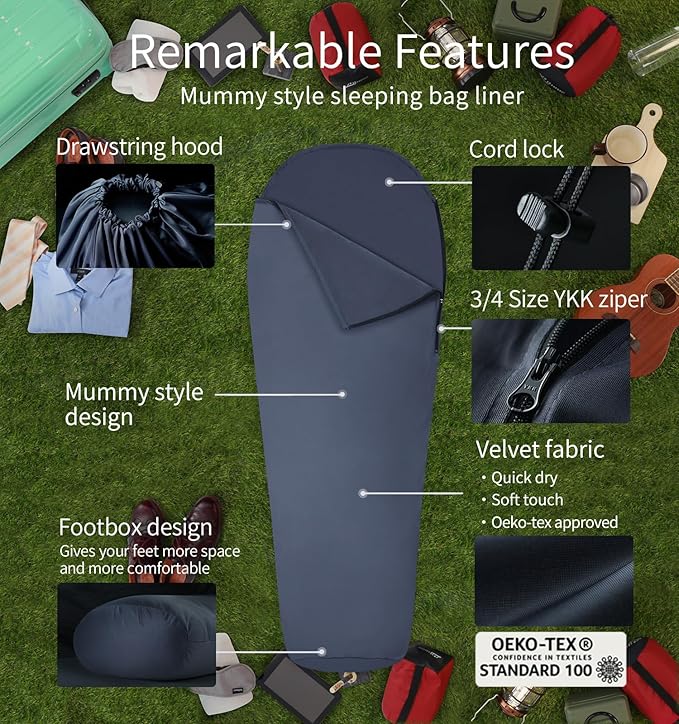 Litume Velvet Velour Sleeping Bag Liner Add Up to 14°F/ 8°C, Mummy Sleeping Sack Backpacking, Camping, Traveling, Hotel, Hostal, Lightweight Sleep Sack with Drawstring Hood E625