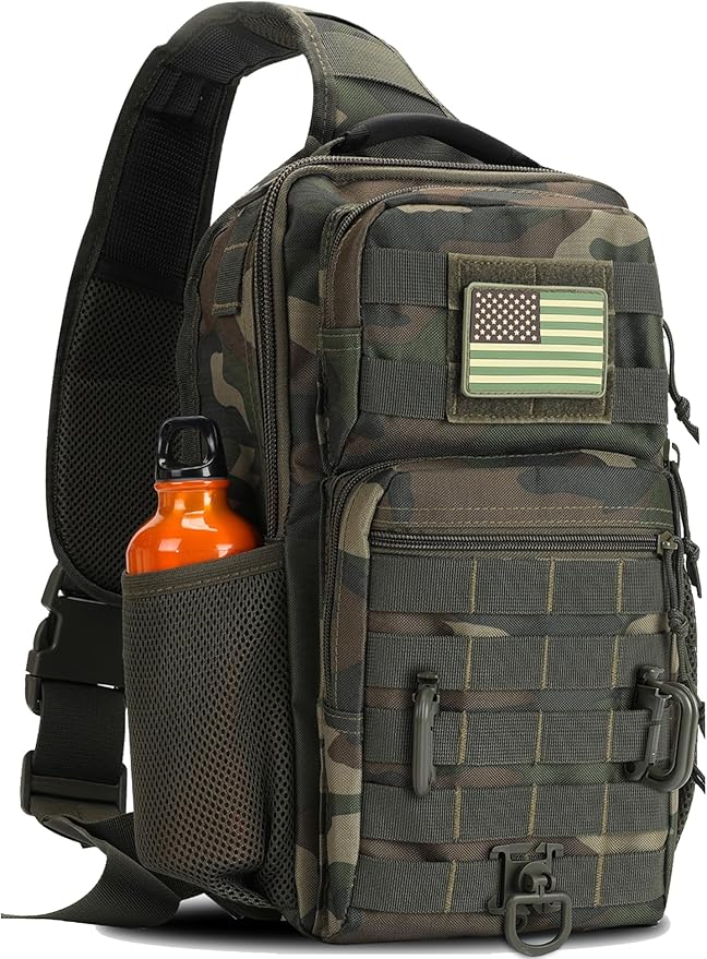 Rover Sling Pack Tactical Shoulder Sling Bag Backpack with Bottle Holder Crossbody Chest Bag, Woodland