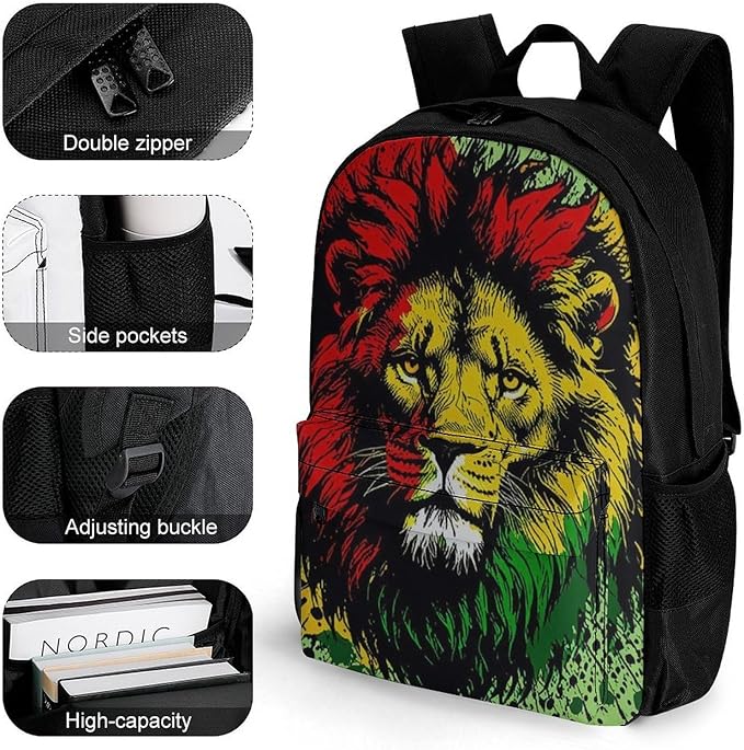 Men Women Polyester Rasta Flag Black Paint Splatter Lion Casual Daypack Large Capacity Carry On Bag With Adjustable Shoulder Straps for Camping Work Running