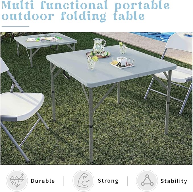 Set of 2 Square Folding Table 34in Multi-Functional Portable Folding Card Table with Carrying Handle for Indoor Outdoor Camping,Picnic, Office, Party Use HDPE Plastic Tabletop with Metal Frame(Grey)