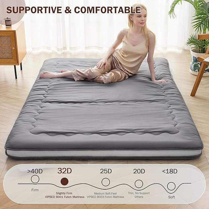 Japanese Floor Futon Mattress Full Size, 4" Thicken Foldable Mattress Tatami Mat Sleeping Pad, 32D Foam Filled Traditional Shiki Futon (shikibuton), Designed in Japan (Grey 54"x 80")