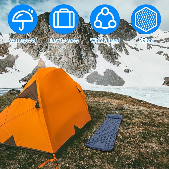 Sleeping Pad for Camping with Pillow - Ultralight(1.3lbs) Inflatable Tent Mattress, 4" Thick Inflatable Bed with Foot Pump Design, Connectable for Double Bed Camping | Hiking Traveling (Navy Blue)