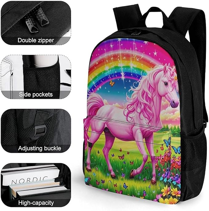 Supdreamc Daypack Backpack Polyester Multipurpose Anti-Theft Rainbow Unicorns And Butterflies Shoulder Bag Big Capacity Gym Outdoor Hiking Backpack With Smooth Zippers