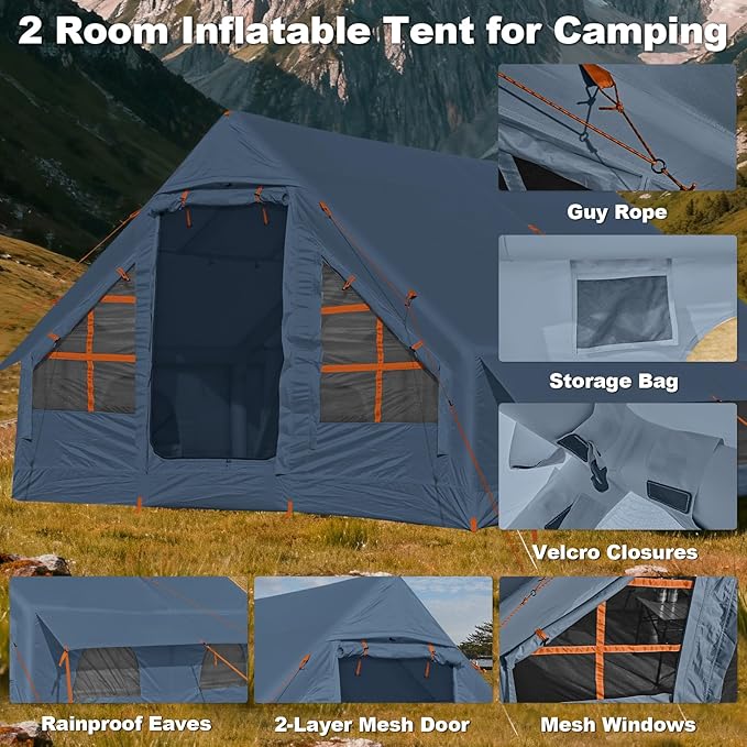 Inflatable Camping Tent,2/4/6/8 Person Glamping Inflatable Tents with Awning, Quick Setup Blow Up Tents with Pump, Waterproof Oxford Inflatable House for Camping, Air Glamping Hot Tents for Adult