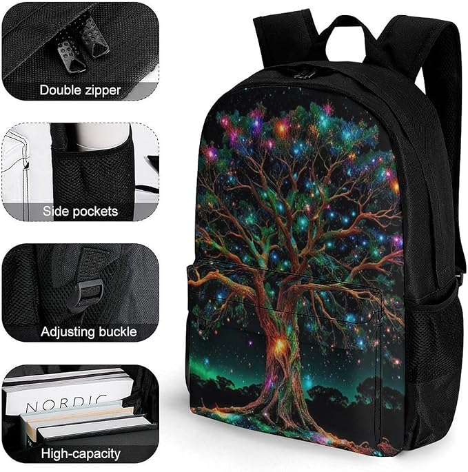 Men Women Polyester Mystery Tree Of Life Fantasy Magic Art Daypack Big Capacity Shoulder Bag With Adjustable Shoulder Straps for Camping Travel Walking Cycling