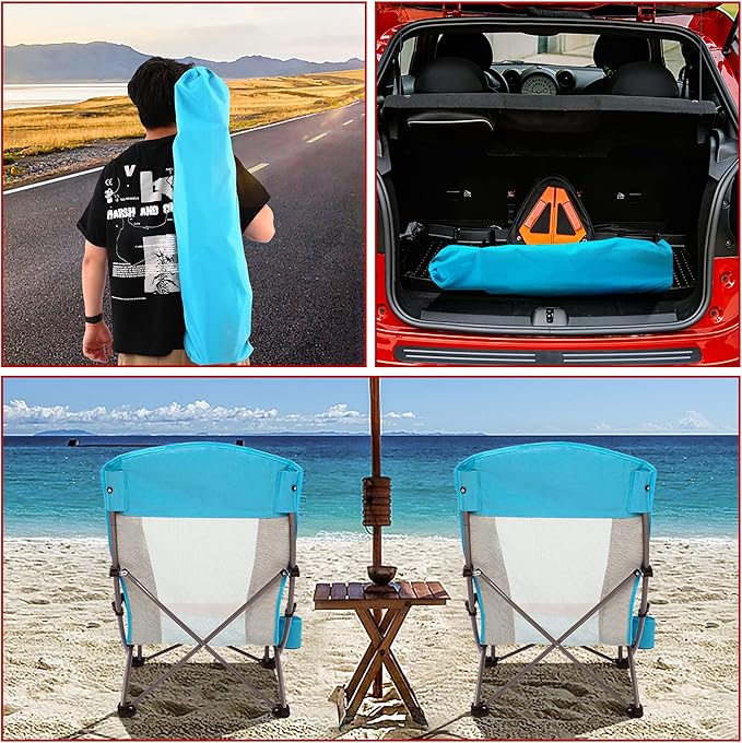 Beach Chairs Beach Chairs for Adults Folding Camping Chair with High Mesh Back w/Carry Bag and Cup Holder, Portable Lightweight for Outdoor, Beach, Camping, Picnic (2-Pack Blue)