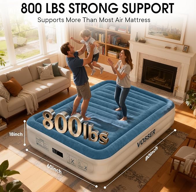 Queen Air Mattress with Built-in Pump,18'' Raised Blow Up Mattress, Leak-Proof Air Bed with Storage Bag, Flocked Top Inflatable Mattress for Home, Camping & Guests，800lbs