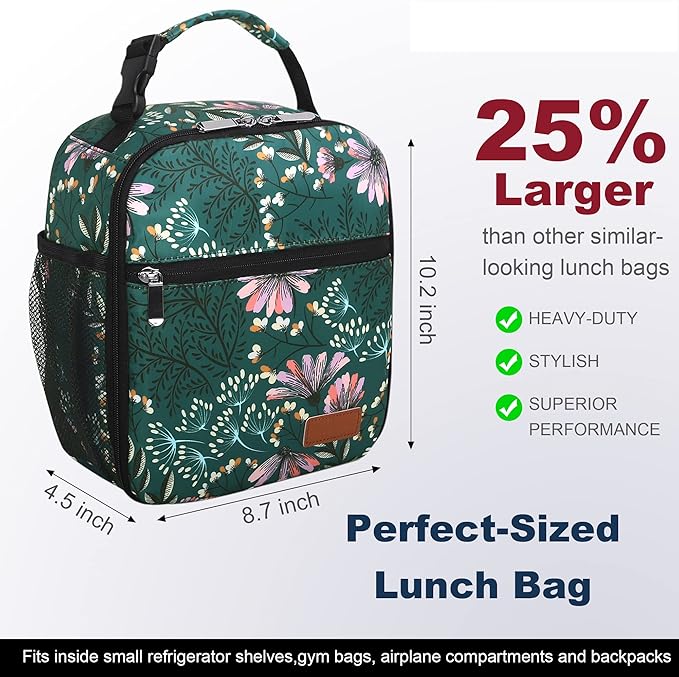 Lunch Box for Men Women Adults Small Lunch Bag for Office Work Picnic - Reusable Portable Lunchbox, Malachite Green Flower