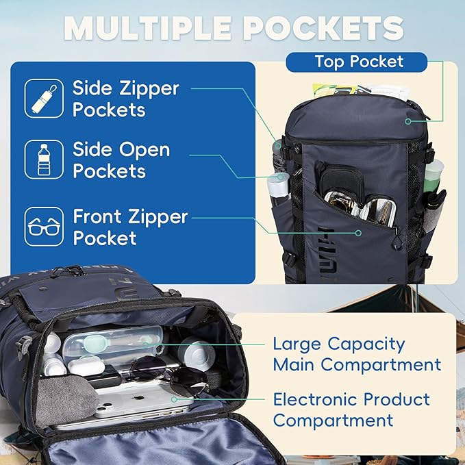 Waterproof Camping Backpack with Lunch Compartment, Mens Backpack Insulated for Work, 17 inch Laptop Bag, Carry On Backpacks for Airplane Beach Travel, Blue