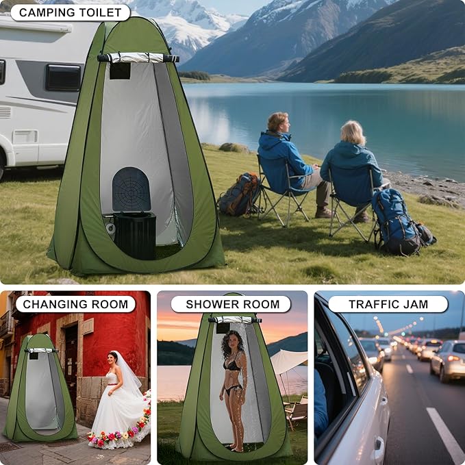 Camping Portable Toilet with Pop-Up Privacy Tent, Upgraded 15'' Height Folding Camping Toilet for All Ages, Outdoor Camping Portable Shower Enclosure Changing Tent