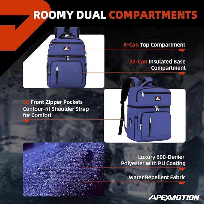 COOLJOB Insulated Cooler Backpack for Men Women, Leakproof Lunch Bag with Waterproof Liner, Double Roomy Deck, RFID, Blue