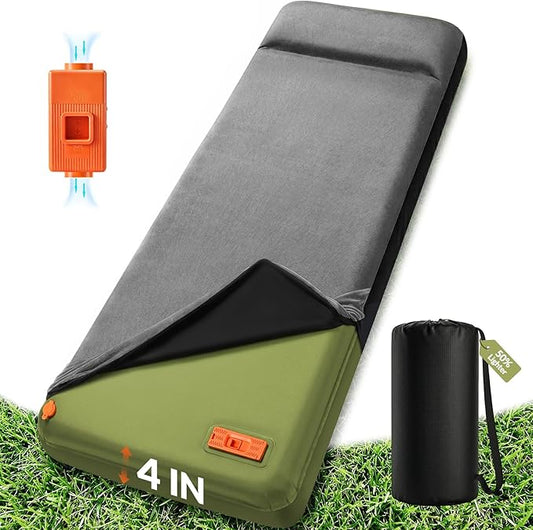 Self Inflating Sleeping Pad with Electric Pump, 4" Ultra-Thick Memory Foam Camping Pad, 4 Season Camping Mattress Pad with Removable Cover, Camping Essentials Gear for Tent Travel Car