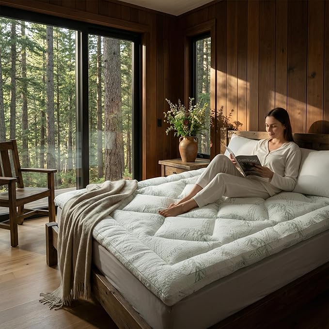 Bamboo Mattress Topper Queen Size with Deep Pocket 1700 GSM Fill Cooling Shredded Memory Foam Mattress Pad Rayon Derived from Bamboo, Ideal for Side Sleepers, Back Pain, Hot Sleepers