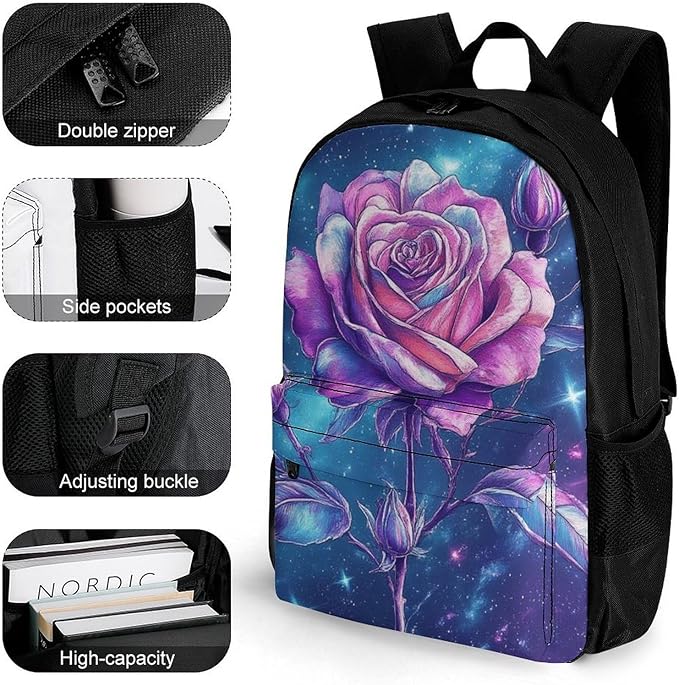 Supdreamc Daypack Bookbag Multipurpose Anti-Theft Big Capacity Carry On Bag, Space Galaxy Flower Glitter Rose Art Travel Hiking Camping Rucksack With Padded Straps