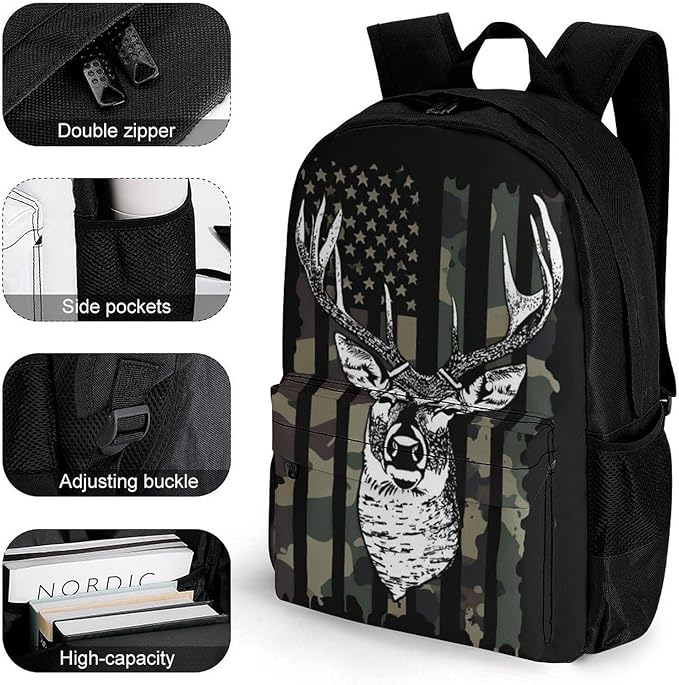 Supdreamc Rucksacks Lightweight Multipurpose Anti-Theft Camo Camouflage American Flag Hunting Cool Deer Black Shoulder Bag Big Capacity Traveling Camping Backpack With Side Pockets