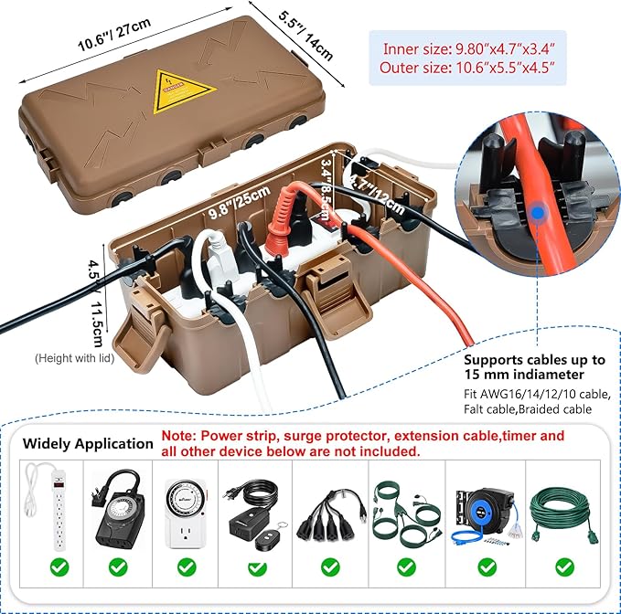 Hrensaw Medium Outdoor Electrical Box(10.6x5.5x4.5inch),Weatherproof Connection Box w/6 Cable Entry,IP54 Waterproof Extension Cord Cover Protect Power Strip,Timer,Plug,Holiday Lights,Brown