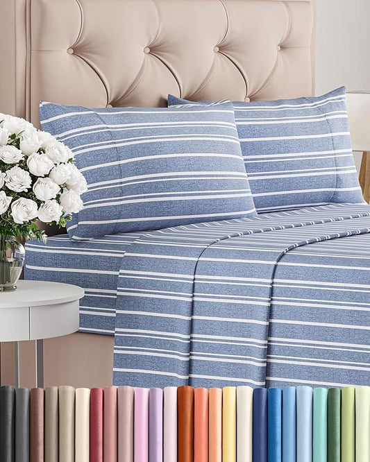 Queen Size 4 Piece Sheet Set - Comfy Breathable & Cooling Bed Sheets Set - Hotel Luxury Bedding for Women, Men, Kids, Teens, Boys & Girls - Deep Pockets, Soft, Wrinkle Free - Oeko-Tex - Blue Stripes 3