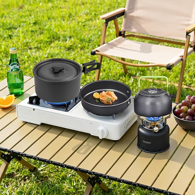 ROVSUN 10pcs Camping Cookware Mess Kit, Lightweight Non-Stick Pot Pan Kettle Set w/Stainless Steel Cup Fork Knives Spoons for Open Fire, Camping, Picnic, Backpacking, Outdoor Cooking