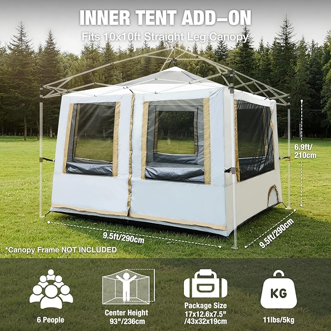 REDCAMP Canopy Camping Tent for Pop Up Canopy Tent, Inner Tent Converts Straight Leg 10'x10' or 10'x20' Canopy into Camping Tent, Fits 4-6 Person(Frame/Shelter NOT Included)
