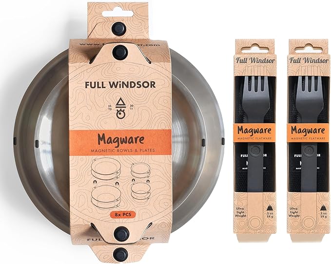 FULL WiNDSOR - MAGWARE - Magnetic Bowls and Plates (8PCS) & Magnetic Camping Cutlery Set (6PCS), Portable Knife, Fork & Spoon with Case, Travel Dinnerware & Silverware for Camping, Outdoor Backpacking
