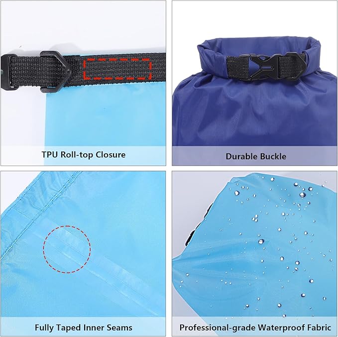 Pimoys 6 Pack Waterproof Dry Bags, Lightweight Outdoor Dry Sacks Ultimate Dry Bags for Kayaking Rafting Boating Camping (1.5L, 2.5L, 3L, 3.5L, 5L, 8L)