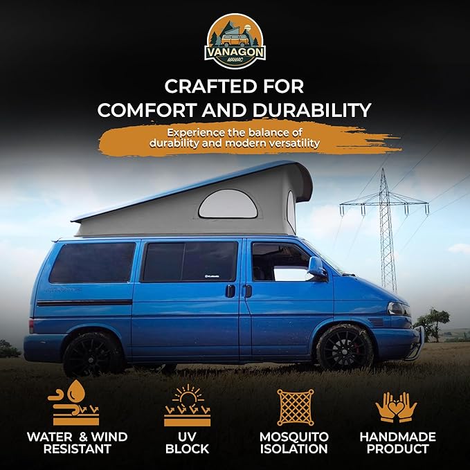 Roof Top Tent Camping 3 Window Roof Tent Pop Top Camper Light Grey Canvas Compatible with VW T4 Eurovan Weekender Short Wheel Based SWB Camper - Grey Mosquito Net, 2 Person Rooftop Tents