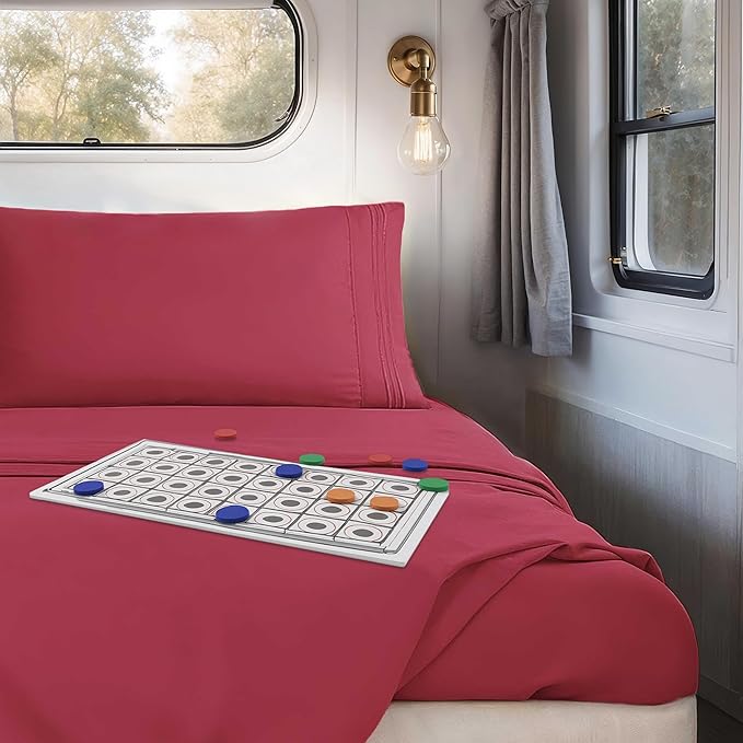Hearth & Harbor Short Queen Sheets for RV, Burgundy Red RV Queen Sheets, Silky Soft 1800 Microfiber Bed Sheet for Camper, 4 Piece RV Bedding with Pillowcases