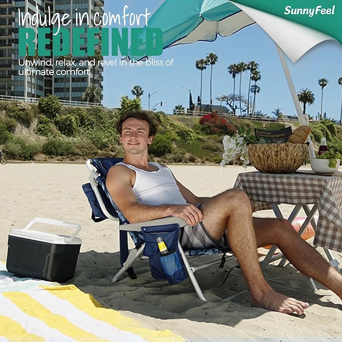 SUNNYFEEL Beach Chairs for Adults 2 Pack 5 Position Lay Flat, Portable Folding Backpack Beach Chair Heavy Duty with Cooler Bag, Cup Holder for Outdoor/Lawn/Picnic/Sand, Foldable Camping Chair