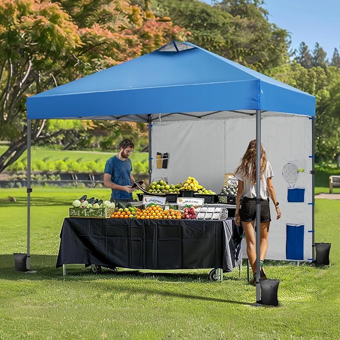GREEN PARTY Pop Up Canopy Tent 10x10 with 1 Sidewall and 6 Pockets, One Push Set Up Ootdoor Instant Tent Canopy with Vented Roof, & Wheeled Carry Bag for Patio Camping Beach, Blue