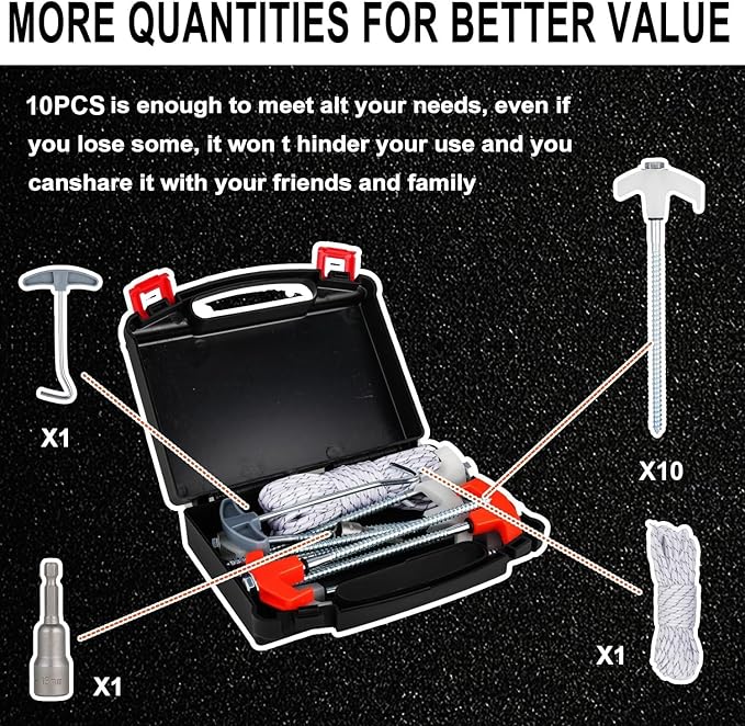 10PCS Camping Tent Stakes - Heavy Duty, 8 Inch Screw in, Nightglow Metal, with Hex Head Driver, Nail Lifter, Ropes, White