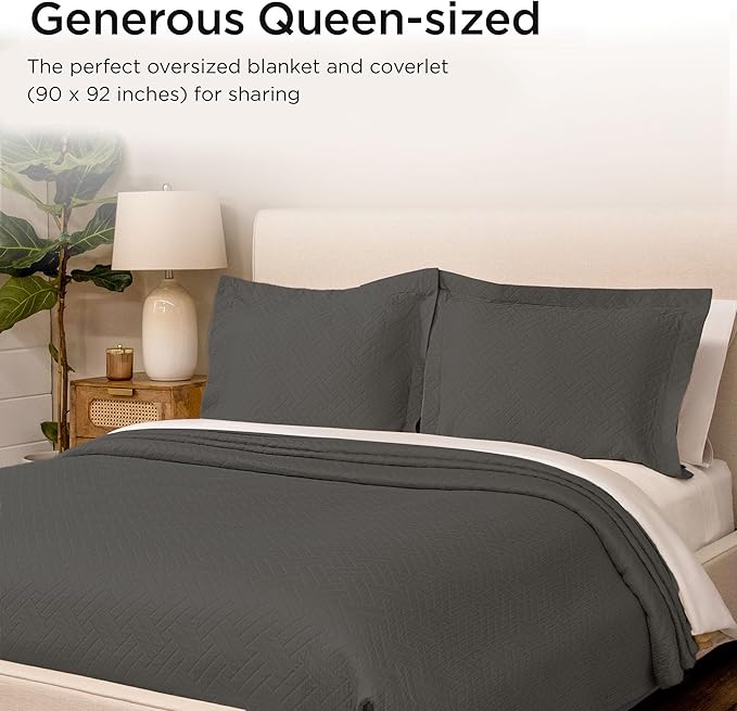 Threadmill Luxury Cotton Blankets for Queen Size Bed | All-Season 100% Cotton Queen Size Blanket | Criss Cross Jacquard Cozy Lightweight, Soft Breathable Coverlet fits Full Size Bed, 90x92 | Dark Grey