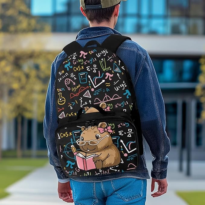 HUGS IDEA Math Capybara Backpack with Lunchbox School Bookbag with Lunch Tote for Kids Large Capacity Elementary School Bag 17 Inch Book Bag for Girls Polyester Children Back Pack
