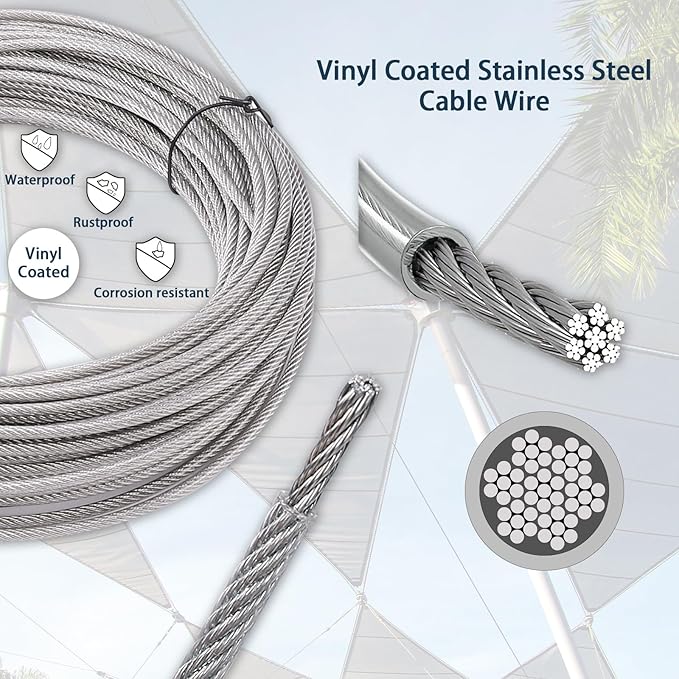 Shade Sail Hardware Kit 6 inch with 131FT 1/8" Wire Rope Kit for Triangle Rectangle Sun Shade Sail Outdoor Installation turnbuckles for Cables Wire for Outdoor,Garden,Kitchen,Craft,243PCS