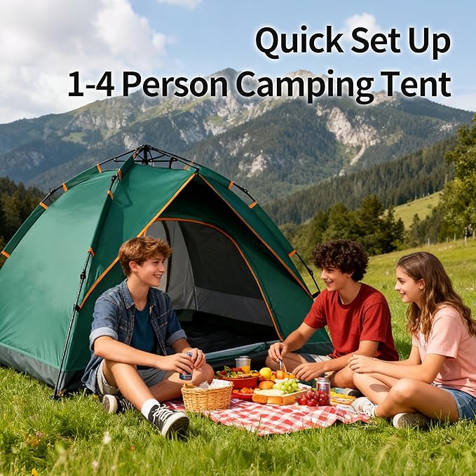 Quick Set Up Waterproof 4-Person Camping Tent with Bug Netting - Instant Pop-Up Tent for Family Camping & Hiking | All-Weather 4-Season Outdoor Shelter